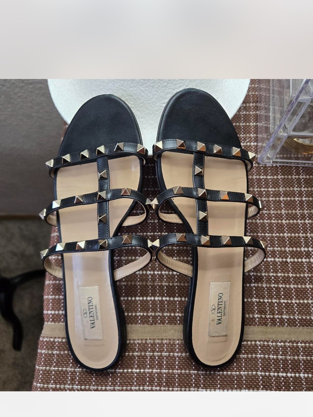 Valentino Garavani Black Leather Rockstud Triple-Strap Slide Sandals